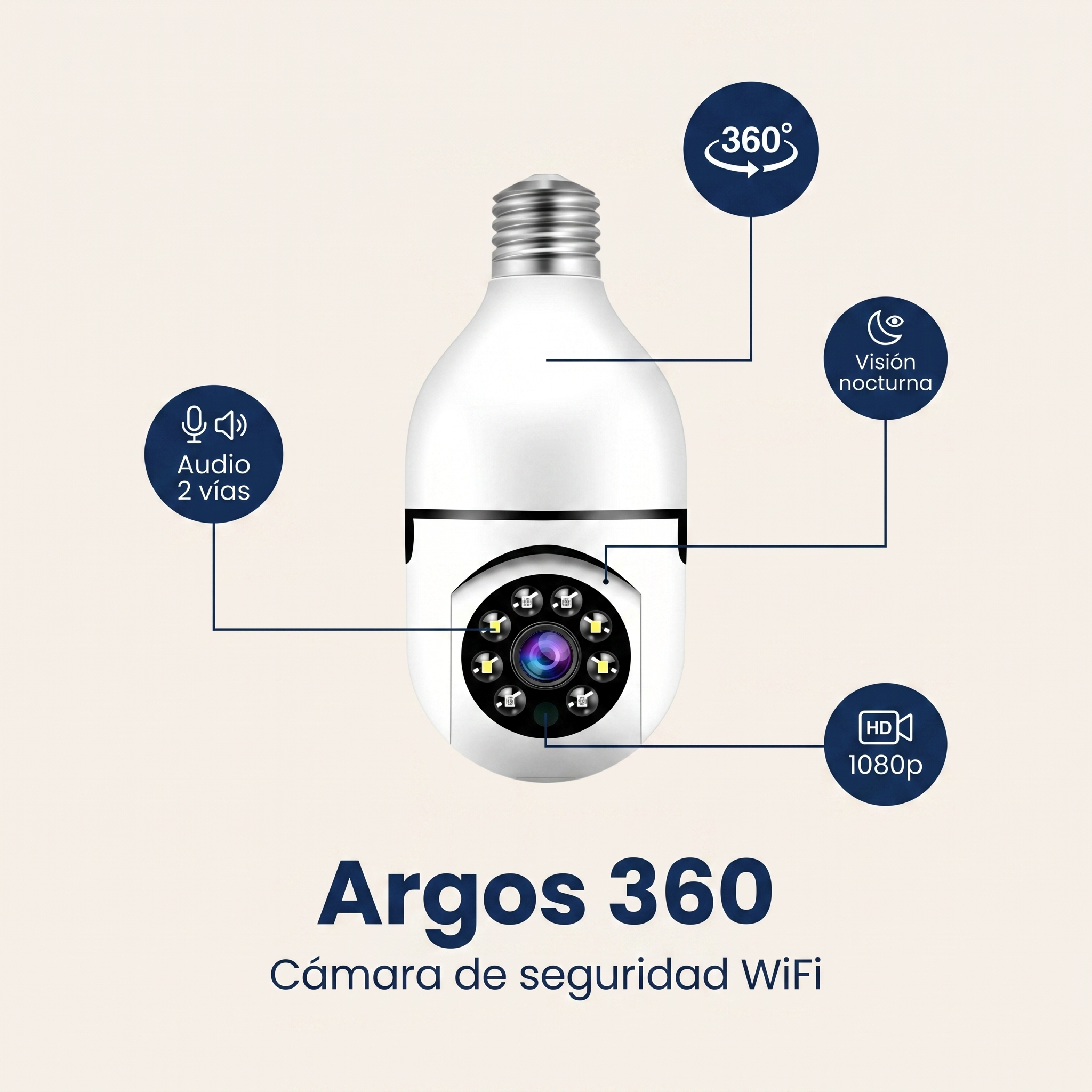 Argos 360 Cámara de Seguridad WiFi 360° HD | Visión Nocturna + Audio + App Gratis