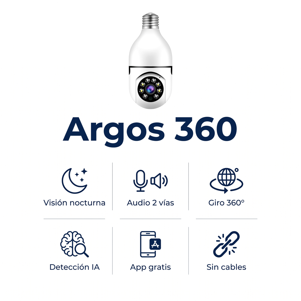 Argos 360 Cámara de Seguridad WiFi 360° HD | Visión Nocturna + Audio + App Gratis